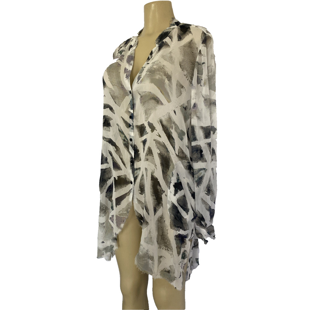 Go by Go Silk Shirt Button Down Tunic Sheer Gray White Silk V Neck Long Sleeve L - Picture 2 of 8